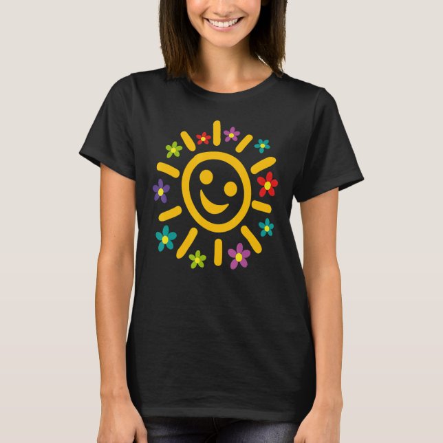 Summer sun blue clouds colourful flowers and fun T-Shirt (Front)