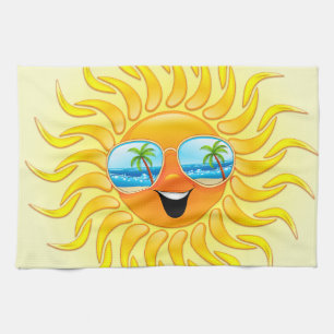 Summer Sun Cartoon with Sunglasses kitchen towels
