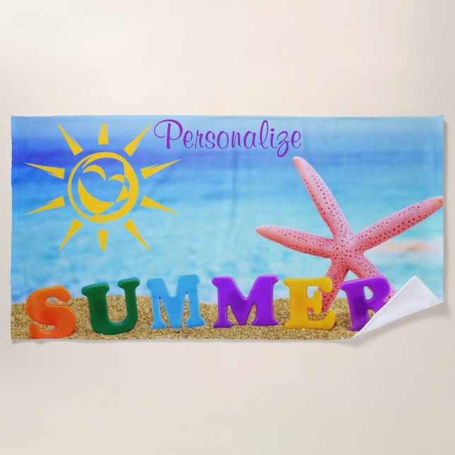 Summer Sun Starfish Beach Scene Beach Towel (Front)