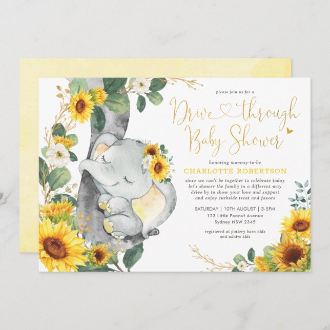 Summer Sunflower Elephant Drive By Baby Shower Invitation (Front/Back)