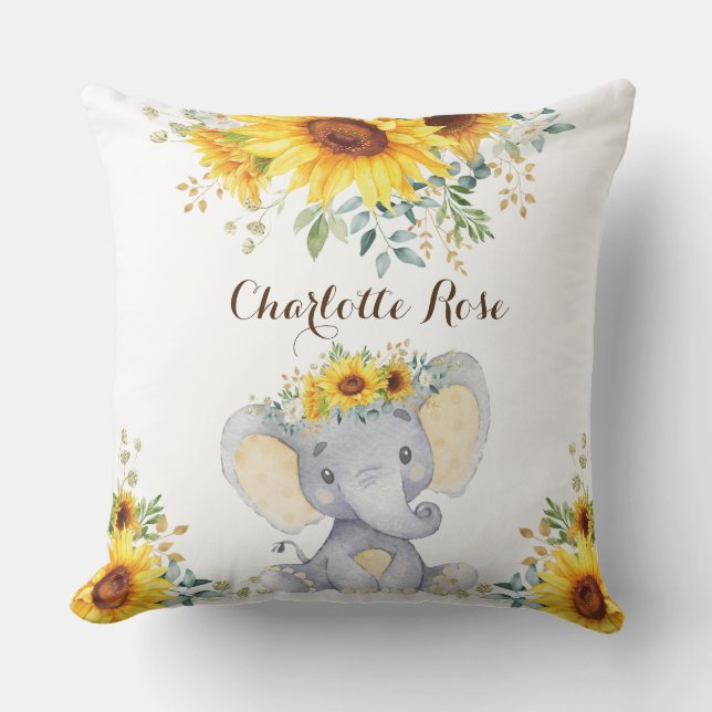 Summer Sunflower Elephant Peanut Baby Girl Nursery Cushion (Front)