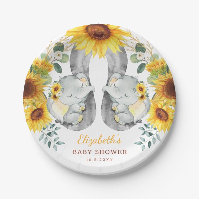 Summer Sunflower Elephant Twins Jungle Baby Shower Paper Plate (Front)