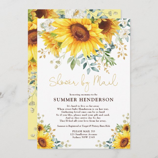 Summer Sunflower Greenery Baby Shower By Mail Invitation (Front/Back)