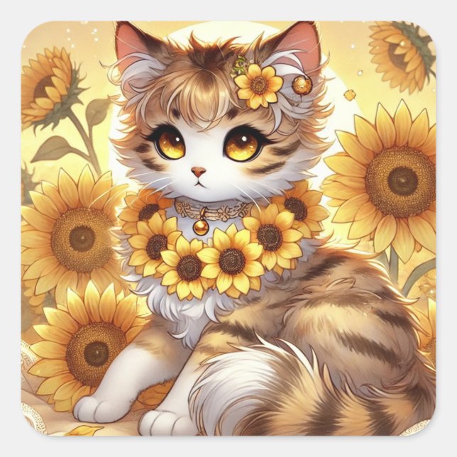 Summer Sunflower Tabby Princess Cat Square Sticker (Front)