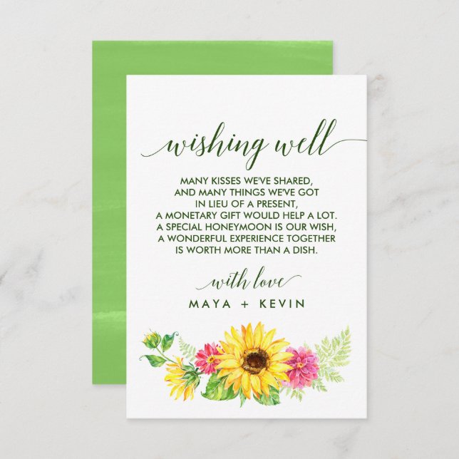 Summer Sunflower Wedding Wishing Well Enclosure Card (Front/Back)