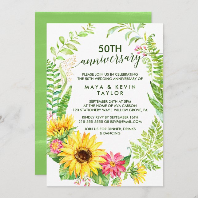 Summer Sunflower Wreath 50th Wedding Anniversary Invitation (Front/Back)