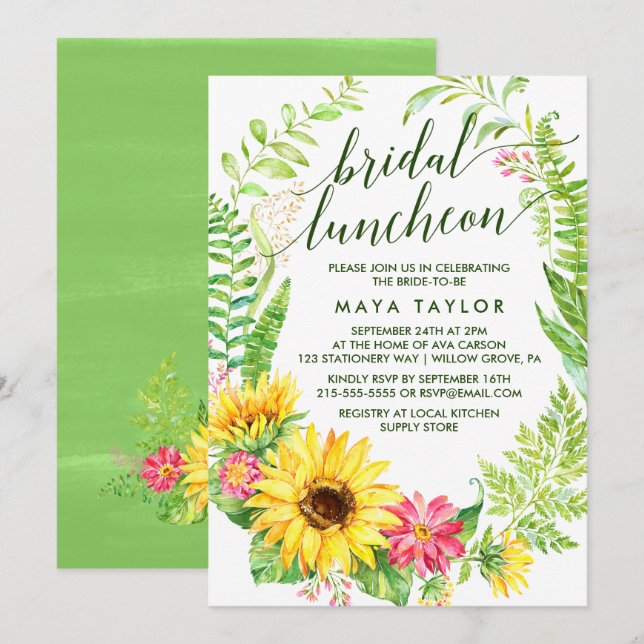 Summer Sunflower Wreath Bridal Luncheon Invitation (Front/Back)
