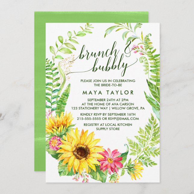 Summer Sunflower Wreath Brunch and Bubbly Invitation (Front/Back)