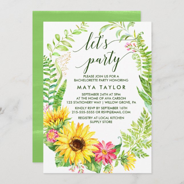 Summer Sunflower Wreath Let's Party Invitation (Front/Back)