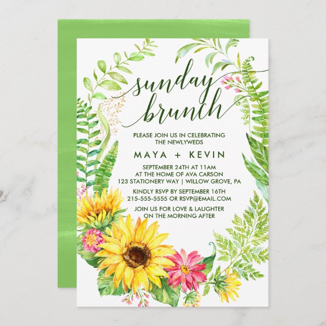 Summer Sunflower Wreath Wedding Sunday Brunch Invitation (Front/Back)