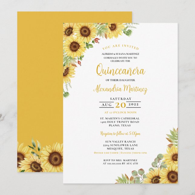 Summer Sunflower Yellow White Floral Quinceanera Invitation (Front/Back)