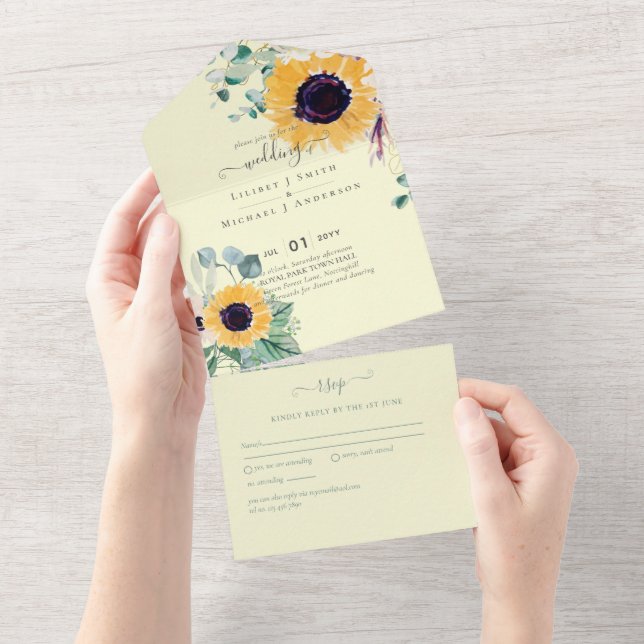 Summer Sunflowers Eucalyptus Greenery Wedding All In One Invitation (Tearaway)
