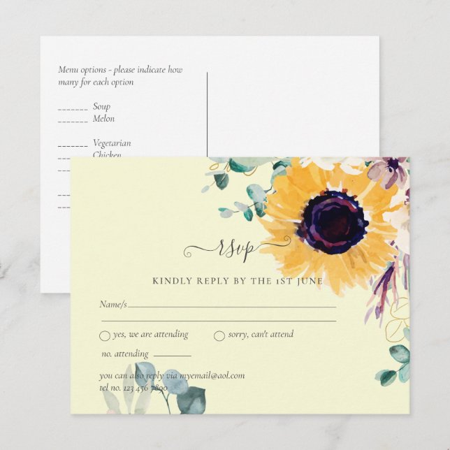 Summer Sunflowers Eucalyptus Greenery Wedding Postcard (Front/Back)