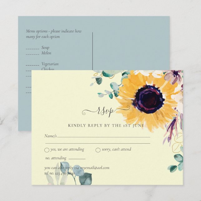 Summer Sunflowers Eucalyptus Greenery Wedding Postcard (Front/Back)