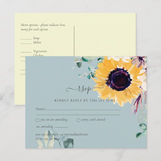 Summer Sunflowers Eucalyptus Greenery Wedding Postcard (Front/Back)