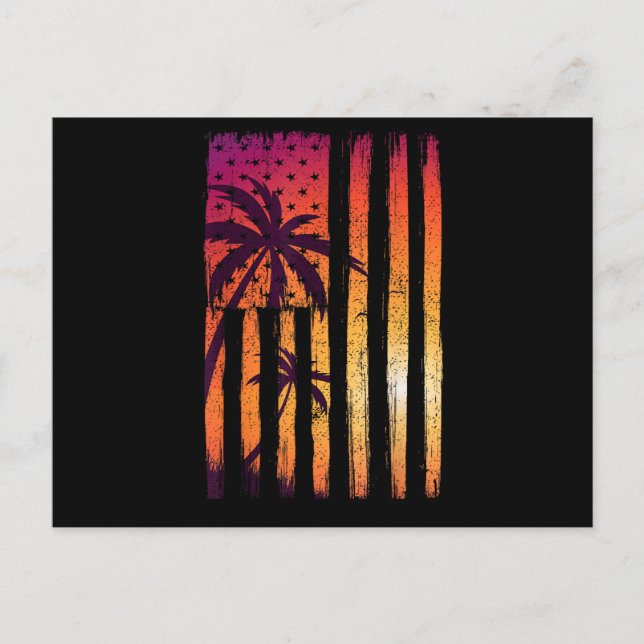Summer Sunset Palm Trees American Flag Cool Spring Holiday Postcard (Front)