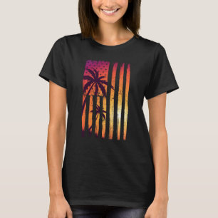 Summer Sunset Palm Trees American Flag Cool Spring T-Shirt