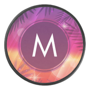 Summer Sunset Palm Trees Monogram Purple Orange Hockey Puck