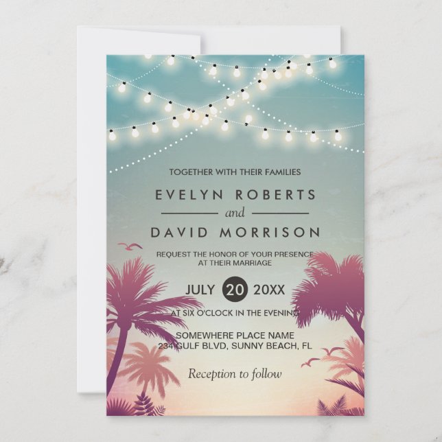 Summer Sunset Palms String Lights Outdoor Wedding Invitation (Front)