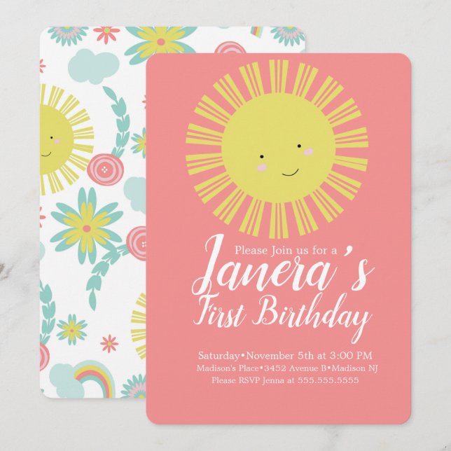 Summer Sunshine Floral Sun Girls Birthday Party Invitation (Front/Back)