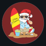 Summer Surf board beach Santa Hawaiian Christmas Classic Round Sticker<br><div class="desc">Summer Surf board beach Santa Hawaiian Christmas in July Gift. Perfect gift for your dad,  mum,  papa,  men,  women,  friend and family members on Thanksgiving Day,  Christmas Day,  Mothers Day,  Fathers Day,  4th of July,  1776 Independent day,  Veterans Day,  Halloween Day,  Patrick's Day</div>