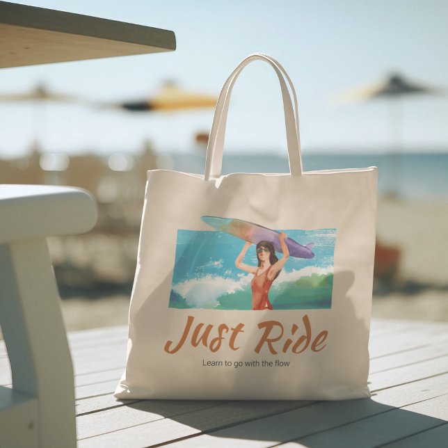Summer Surfer Beach Girl Large Tote Bag (hello summer, beach tote bag, vacation tote bag, school tote bag, colorful typography, gift for her)