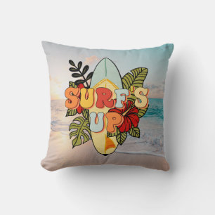 Summer surfing beach flowers and tropical leafs cushion