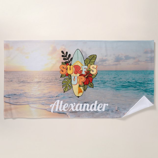 Summer surfing beach flowers and tropical leafs towel (Front)
