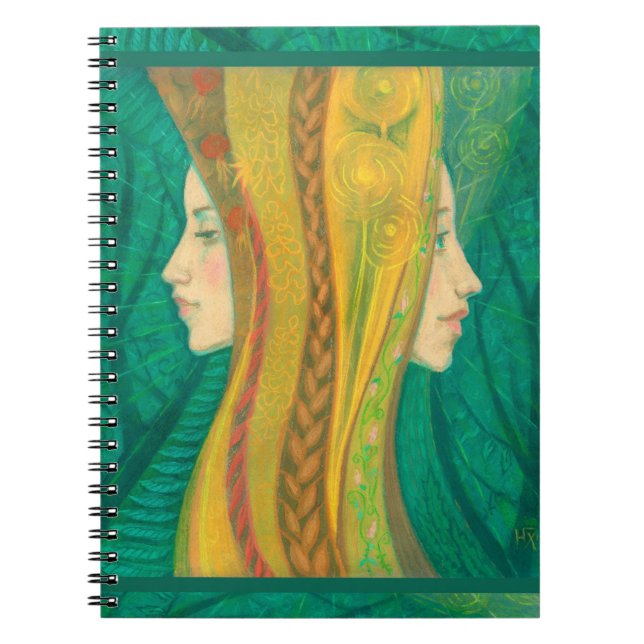 Summer, surreal art, forest fantasy green & yellow spiral notebook (Front)