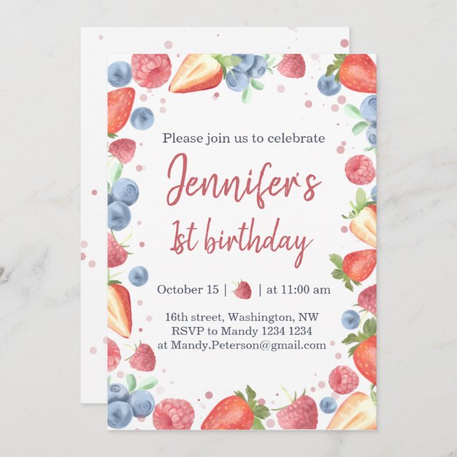 Summer Sweet Berry Strawberry 1st Birthday Invitation (Front/Back)