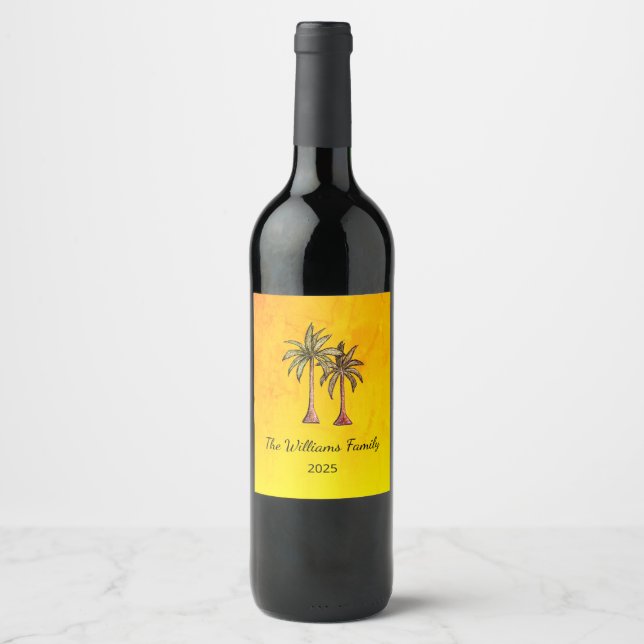 Summer Swim Pool Party Tropical Palm Trees Gold  Wine Label (Front)