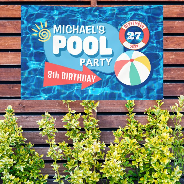 Summer Swimming Pool Party Tropical Birthday Blue  Banner (Creator Uploaded)