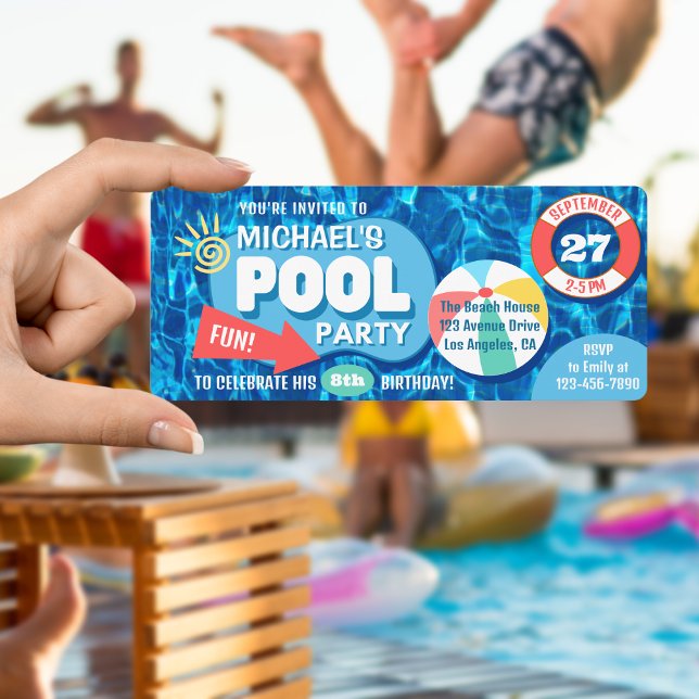 Summer Swimming Pool Party Tropical Birthday Blue  Invitation (Creator Uploaded)