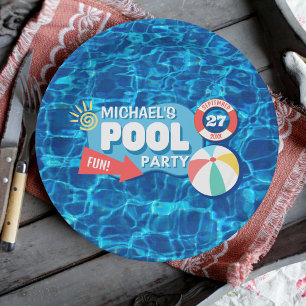 Summer Swimming Pool Party Tropical Birthday Blue Paper Plate
