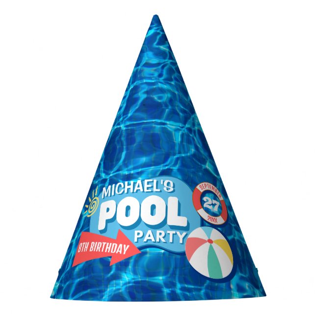 Summer Swimming Pool Party Tropical Birthday Blue  Party Hat (Front)