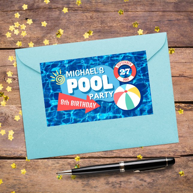 Summer Swimming Pool Party Tropical Birthday Blue  Rectangular Sticker (Creator Uploaded)