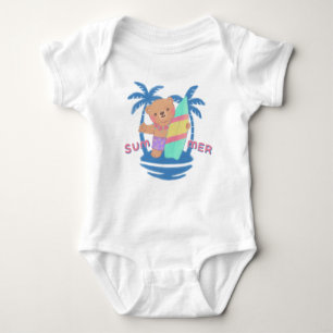 Summer Teddy Bear Surfer in Hawaii Baby Bodysuit