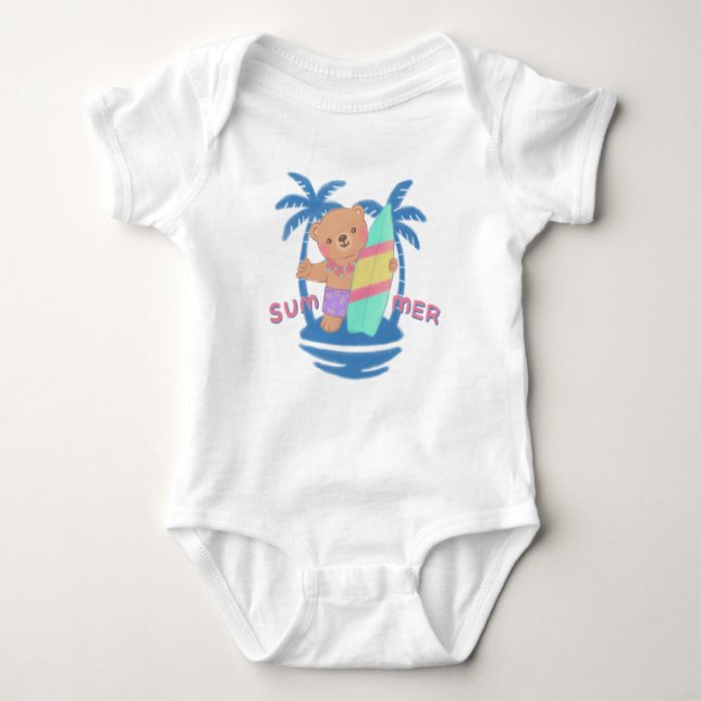 Summer Teddy Bear Surfer in Hawaii Baby Bodysuit (Front)