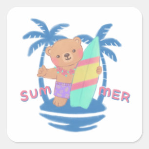 Summer Teddy Bear Surfer in Hawaii Square Sticker
