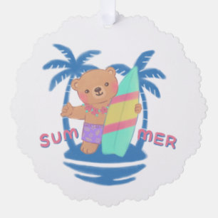 Summer Teddy Bear Surfer in Hawaii Tree Decoration Card
