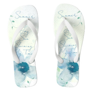 Summer Text Blue Watercolor Floral Handpainted Jandals