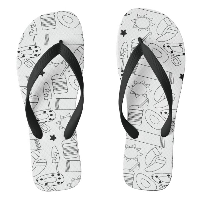 Summer Theme Beach Black White Name Flip Flops (Footbed)