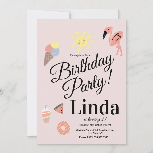 Summer Themed Birthday Hand Drawn Doodles  Invitation (Front)