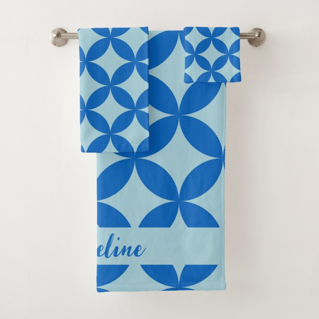 Summer tile with azure circles on baby blue bath towel set (Insitu)