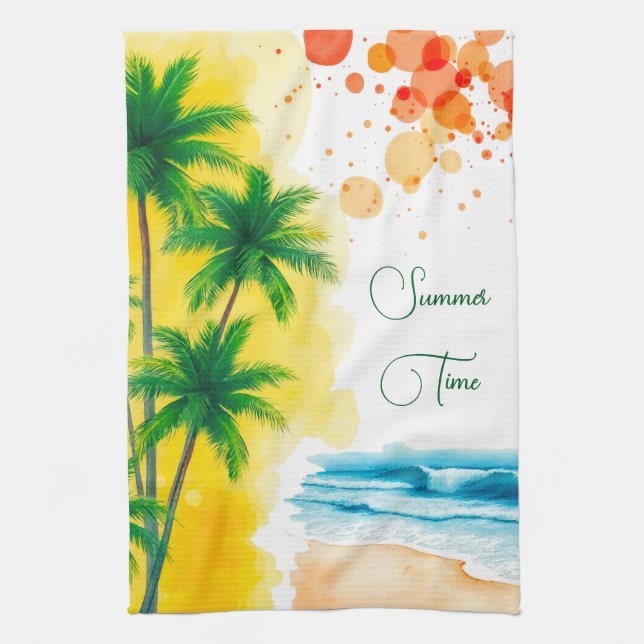 “Summer Time” beach design Tea Towel (Vertical)