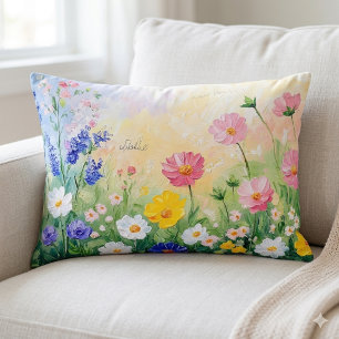 Summer time. Colourful flowers. Art.  Decorative Cushion