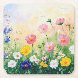 Summer time. Colourful flowers. Art.  Square Paper Coaster