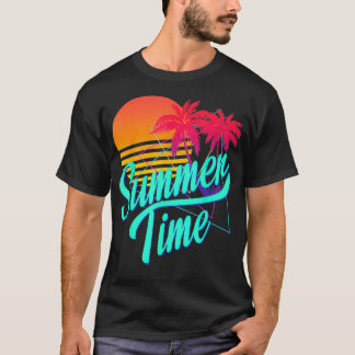 Summer Time Retro 80s Beach Scene with Palm Trees  T-Shirt