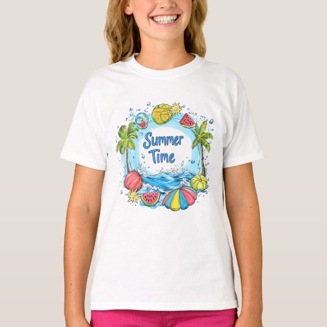 Summer Time - Summer Time Beach Illustration T-Shirt (Front)