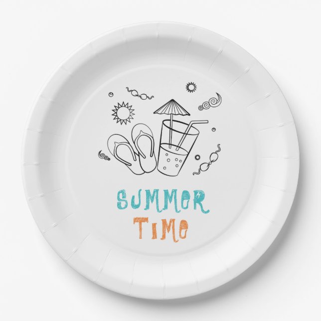 Summer Time Vibes of Sun & Vacation, Sketched Art Paper Plate (Front)